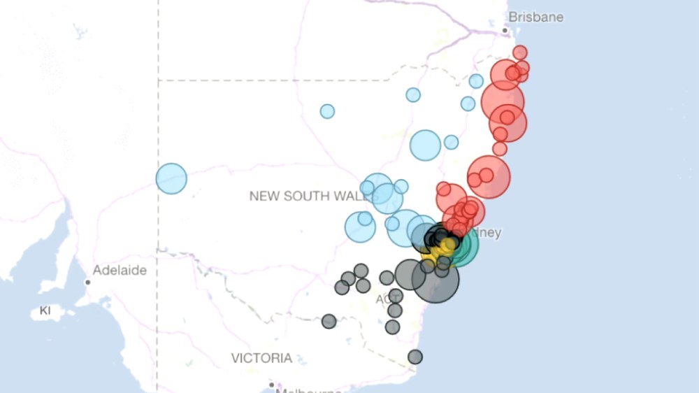 Map of NSW with black, blue, red, yellow and green circles highlighting areas where incidents have occurred